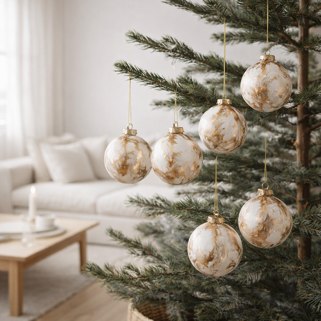J-Line Boule de Noël Aspect marbre - verre - blanc/or - petite - boîte de 6 en situation