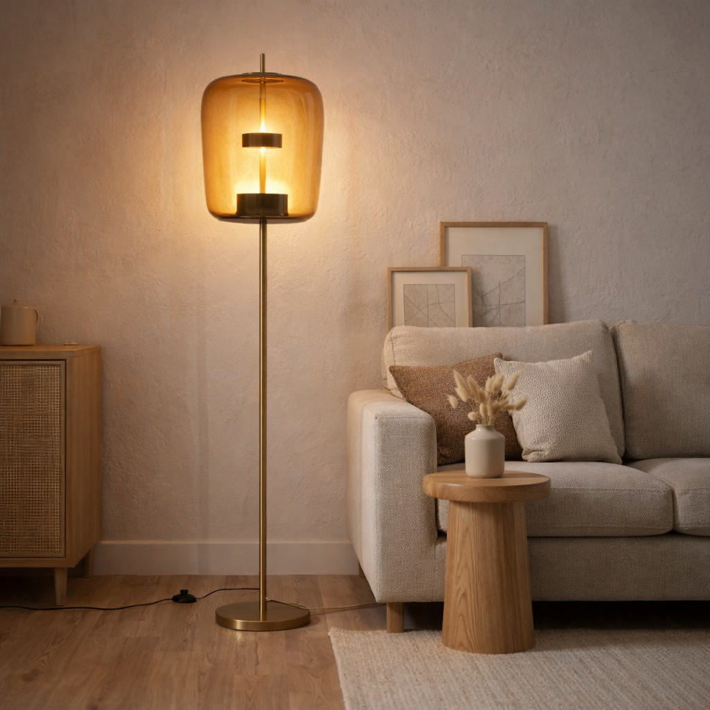 Lampadaire J-Line - verre - marron - lumières LED en situation