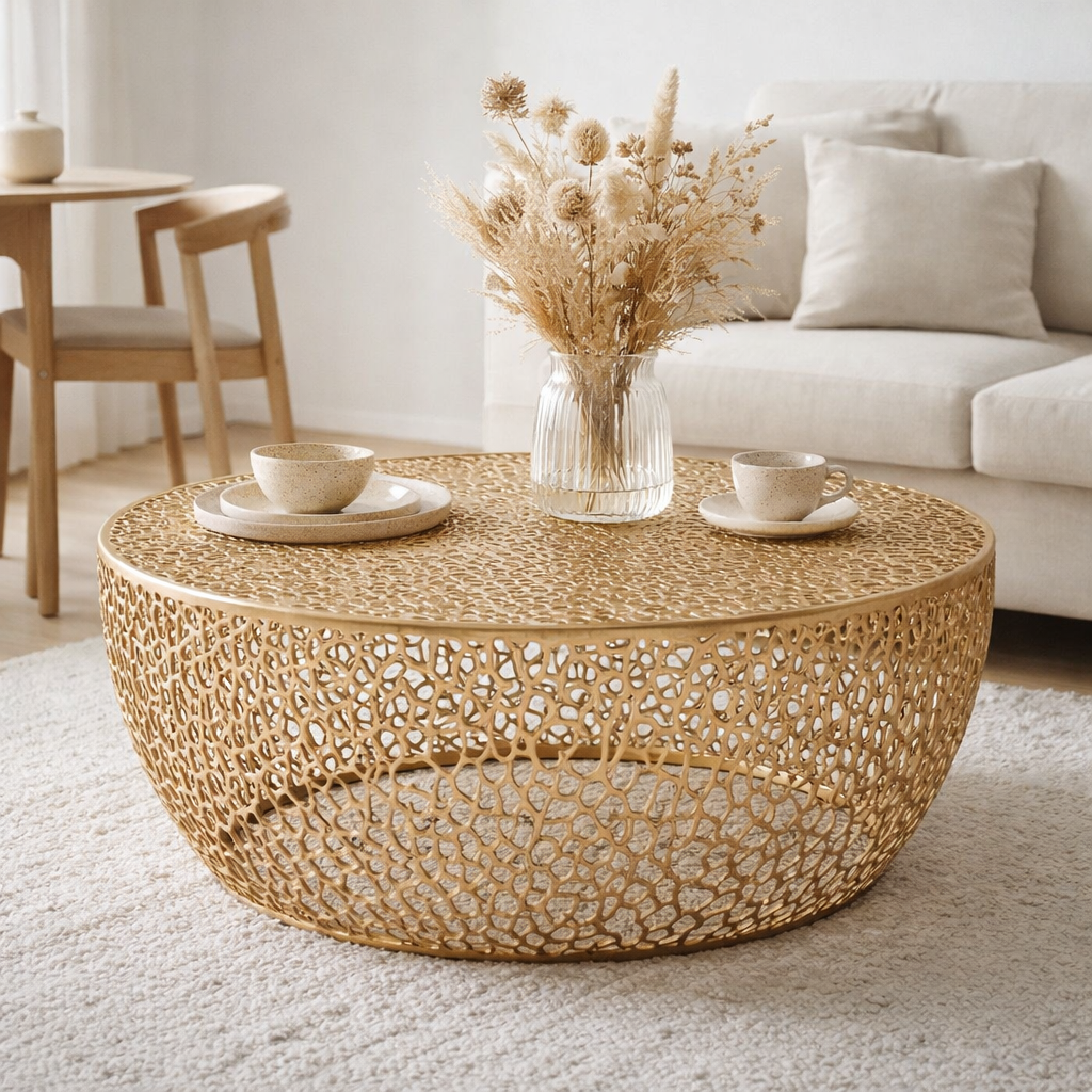 J-Line Table Basse Ronde Basse Motif Corail Aluminium Doré - 115 x 114 x 31,5 cm en situation