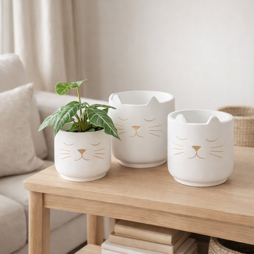 J -line Flowerpot Cat - Ciment - Blanc / Gold - Small - Ø 14 cm en situation