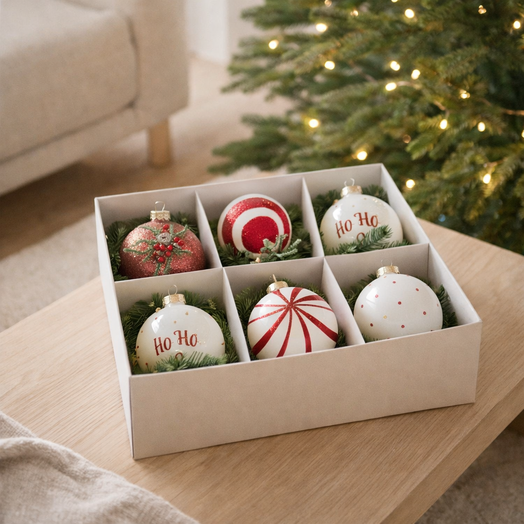 Boule de Noël J-Line Hohoho ! - verre - blanc/rouge - boîte de 6 en situation