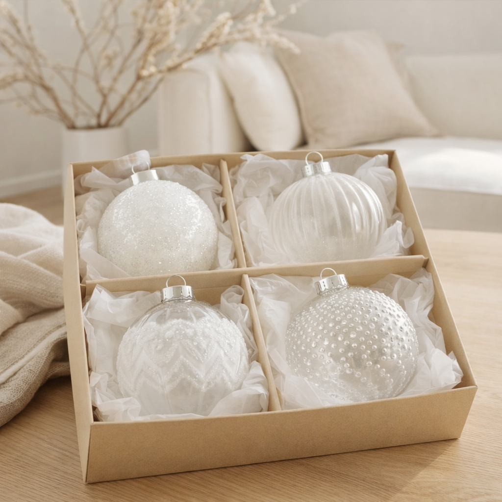 J-Line Boîte de 4 Boules de Noël Sucre sur Verre Transparent Blanc Moyen en situation