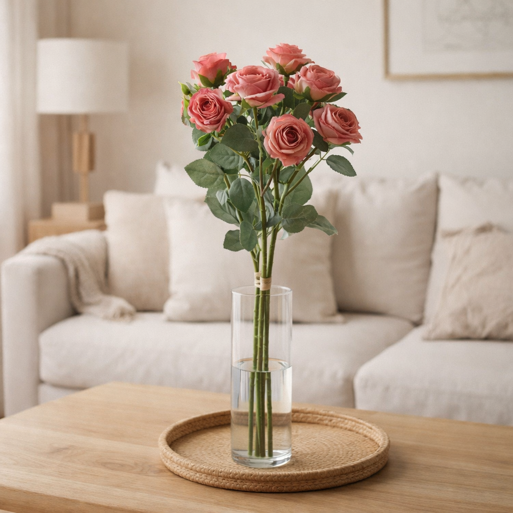 Rose bouquet J-Line 12 têtes - plastique - rose en situation