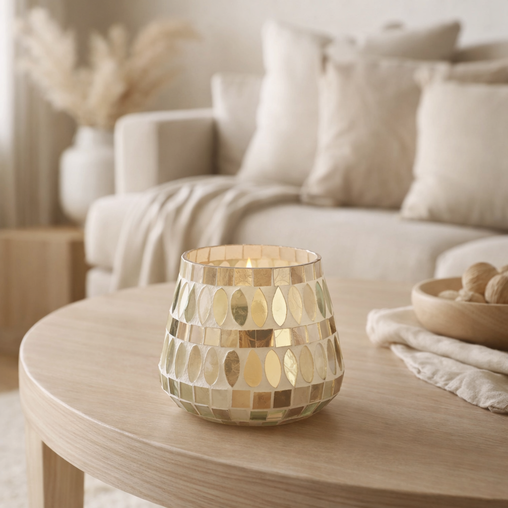 Photophore J-Line Mosaic - verre - beige - petit en situation