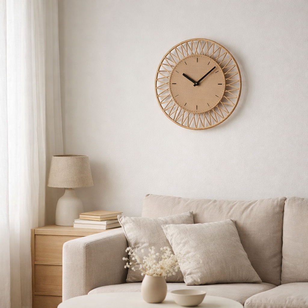 J-Line Klok Wonder - Rotan - Naturel / Wit - Small - Ø 40 cm en situation