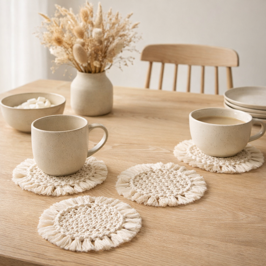J-Line dessous de verre rond Macramé - polyester - beige - 4 pièces en situation