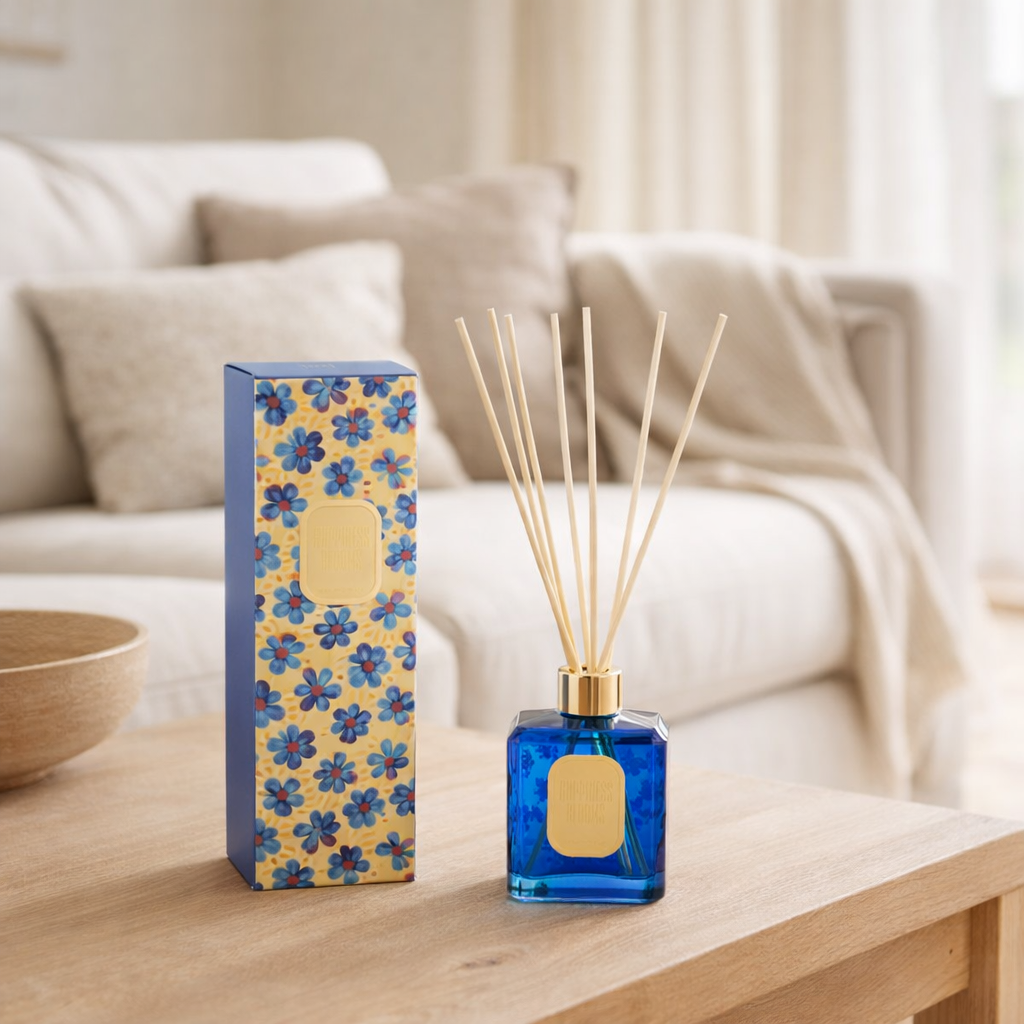 Bâtonnets parfumés J-Line Hapiness Blooms - White Musk Violet - bleu/jaune en situation