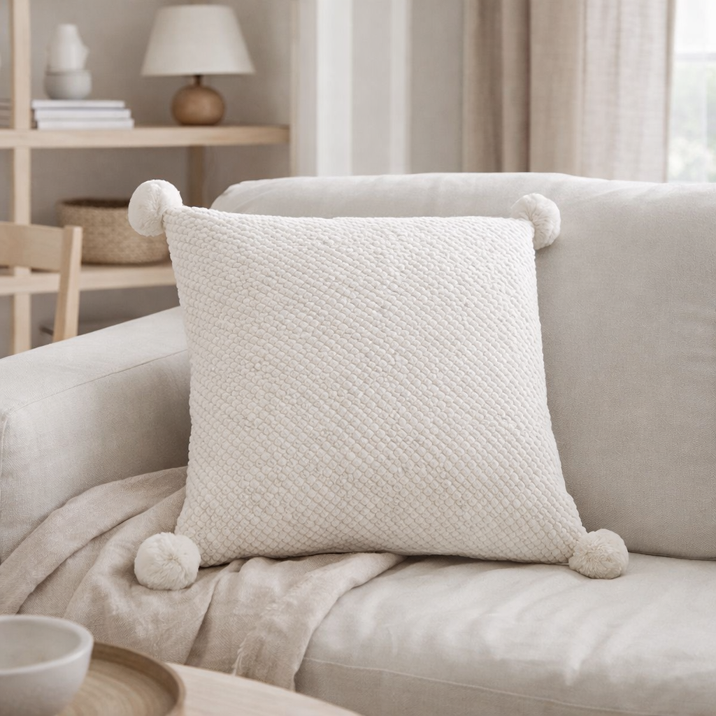 J-Line Coussin Doux Pompons Polyester Blanc en situation