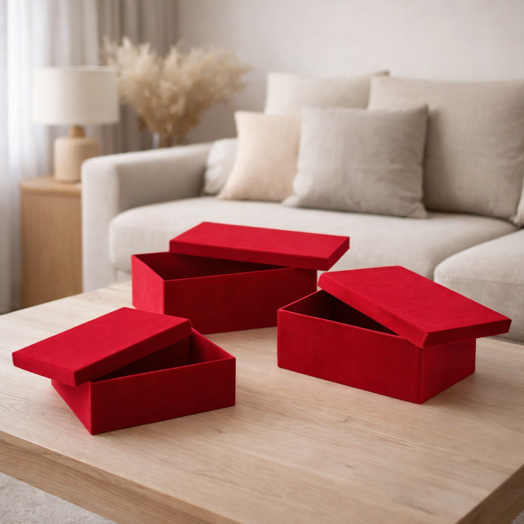 Boîte J-Line Rectangulaire - velours/papier - rouge - 3 pièces en situation