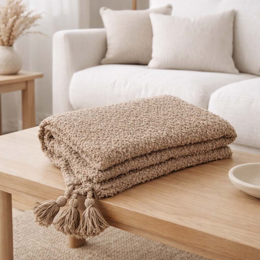 J-Line Pinceaux à carreaux - coton - beige foncé - 180 x 130 cm en situation