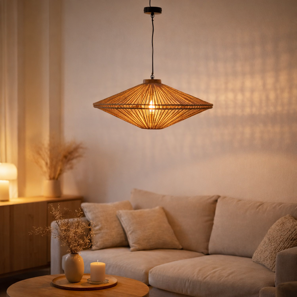 J-Line Lampe à Suspension Ovni Fer/Jute Naturel Moyen en situation