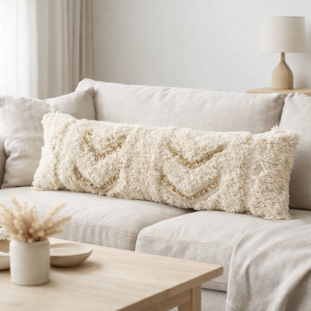 J-Line Coussin Rectangle Flèches Paillettes Laine/Coton Crème/Or en situation