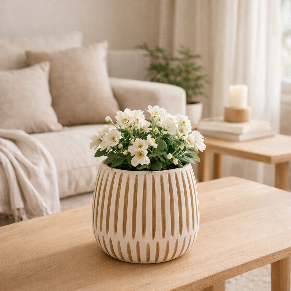 J -line Flowerpot Ying - Wood - Blanc - Medium - Ø 20 cm en situation