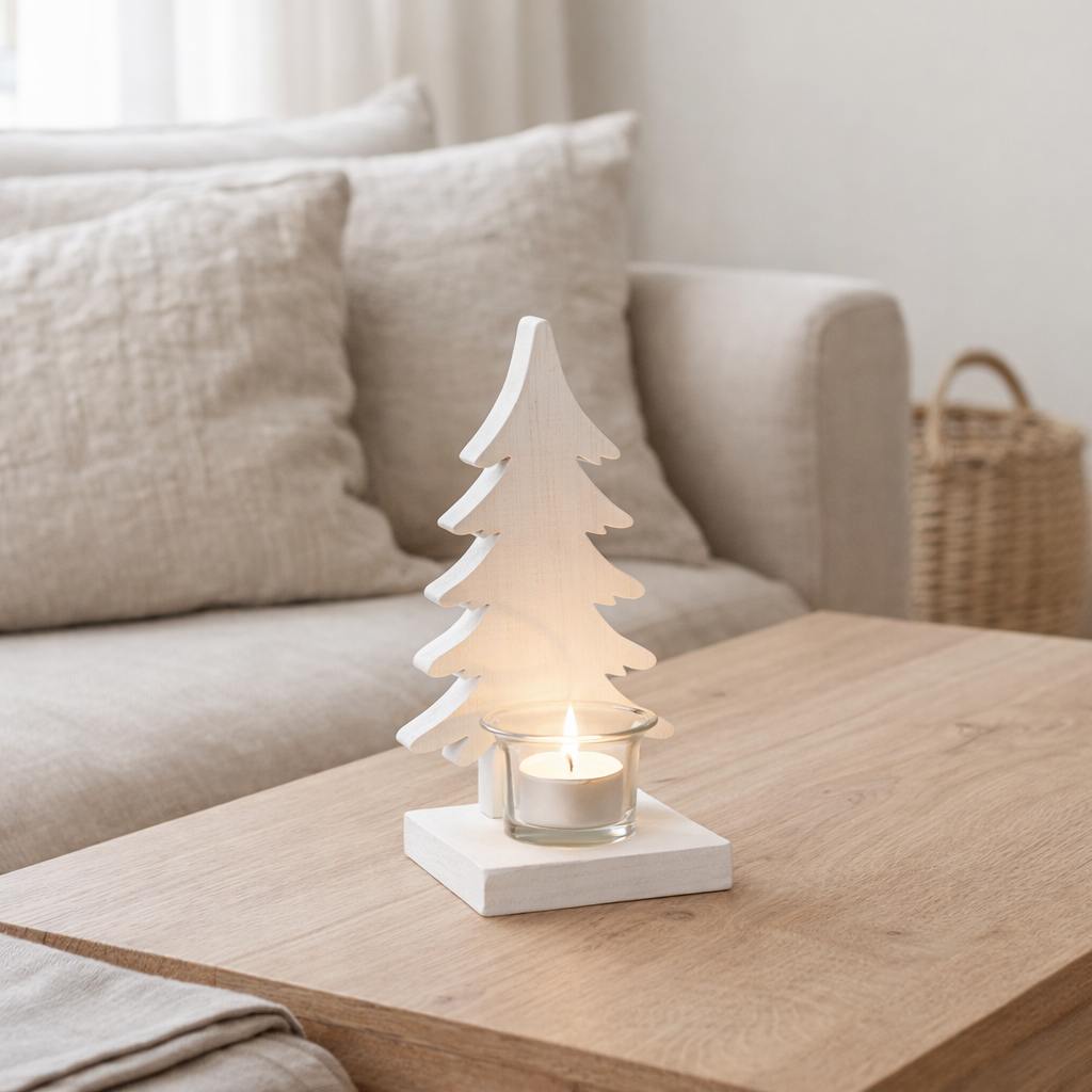 Bougeoir J-Line Sapin de Noël - bois - blanc en situation