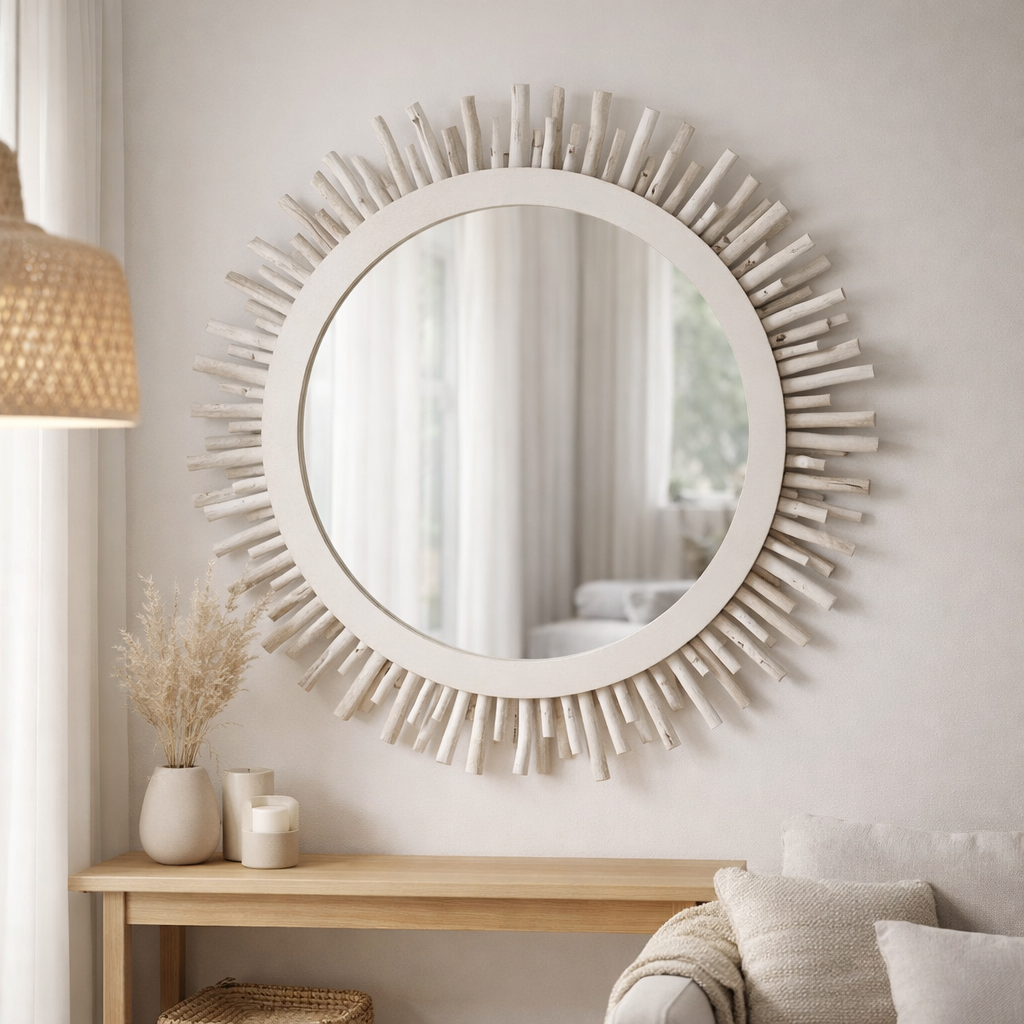 J -Liline Mirror Round Sun - Wood - White - Ø 100 cm en situation