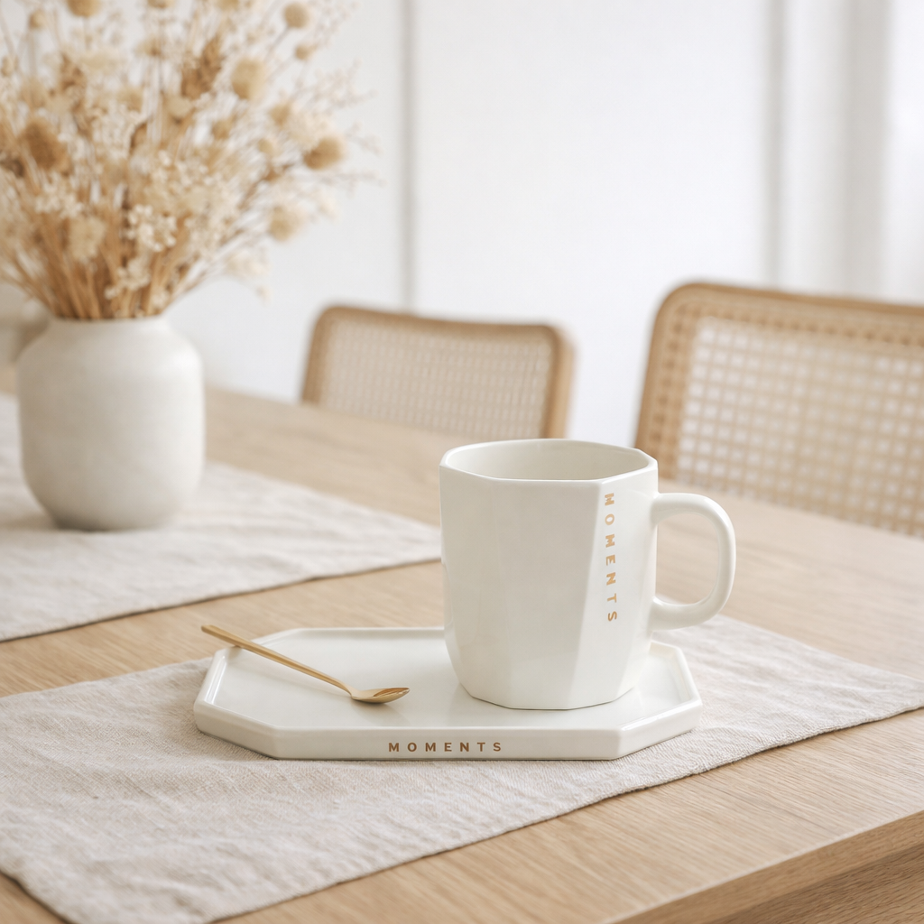J-Line Mug + Assiette + Cuillère Moments Céramique Blanc en situation