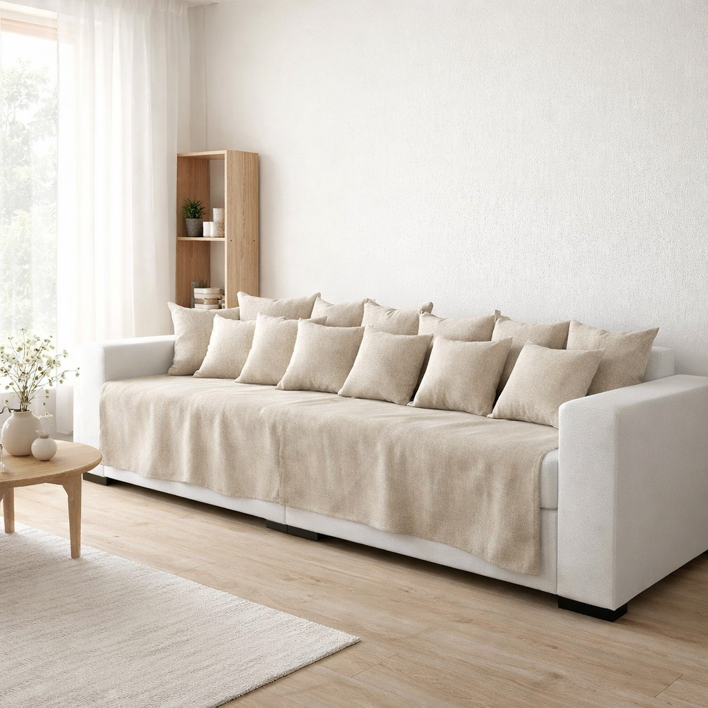 COUVERTURE J-LINE POUR SIÈGE + 9 coussins monaco lin xl naturel en situation