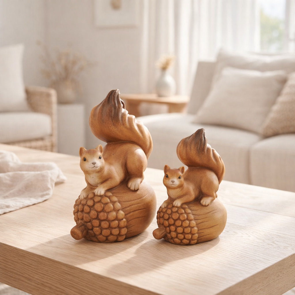 J-Line décoration Ecureuil sur gland - porcelaine - marron - grand en situation