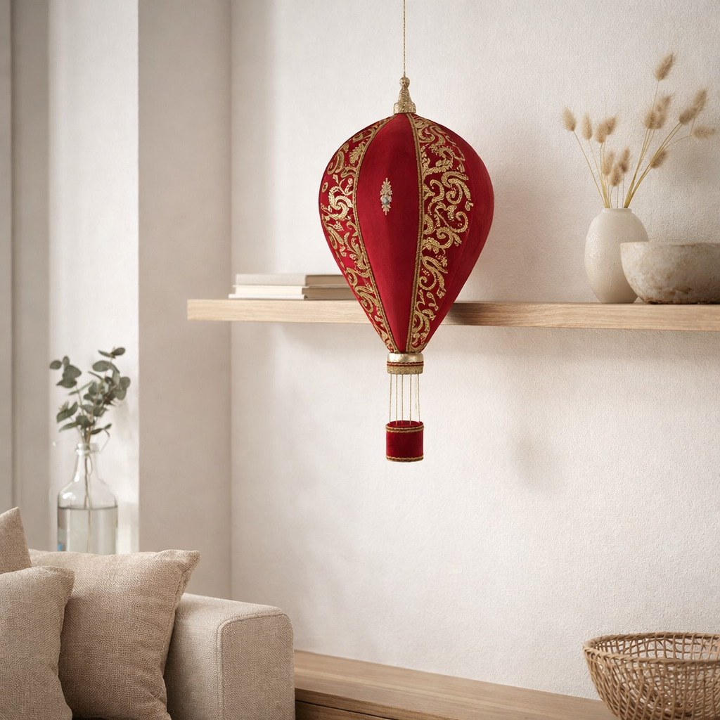 J-Lline Decoration Hot Air Ballon - Polyfoam / Textiles - Red / Gold - M en situation