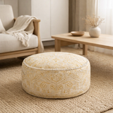 J-Line Pouf Rond Éléphants + Miroirs Coton Crème/Or Grand en situation