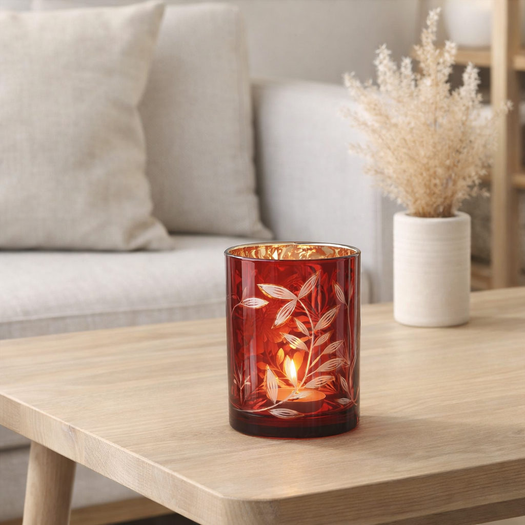 Lanterne J-Line Feuilles - verre - rouge/or - moyen en situation