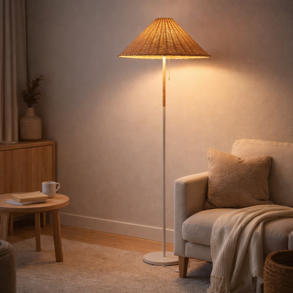 Lampe sur pied J-Line - métal/rotin - blanc/naturel en situation