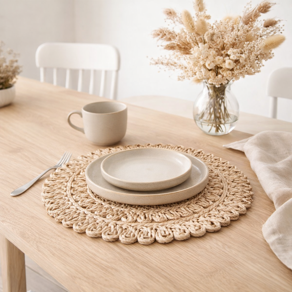J-Line Set de Table Rond Fleur + Cercles - jute - naturel en situation