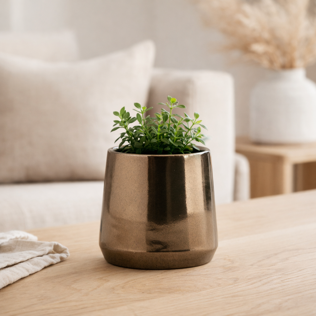 J -line Flowerpot Rond Terra Shiny - Gold - Extra Small - Ø 14 cm en situation