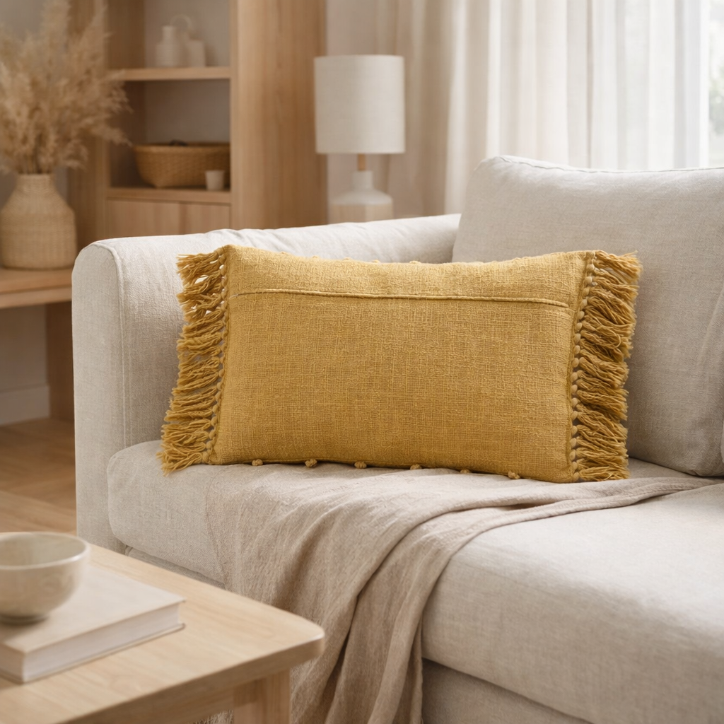 Coussin J-Line Pompon - coton - moutarde en situation