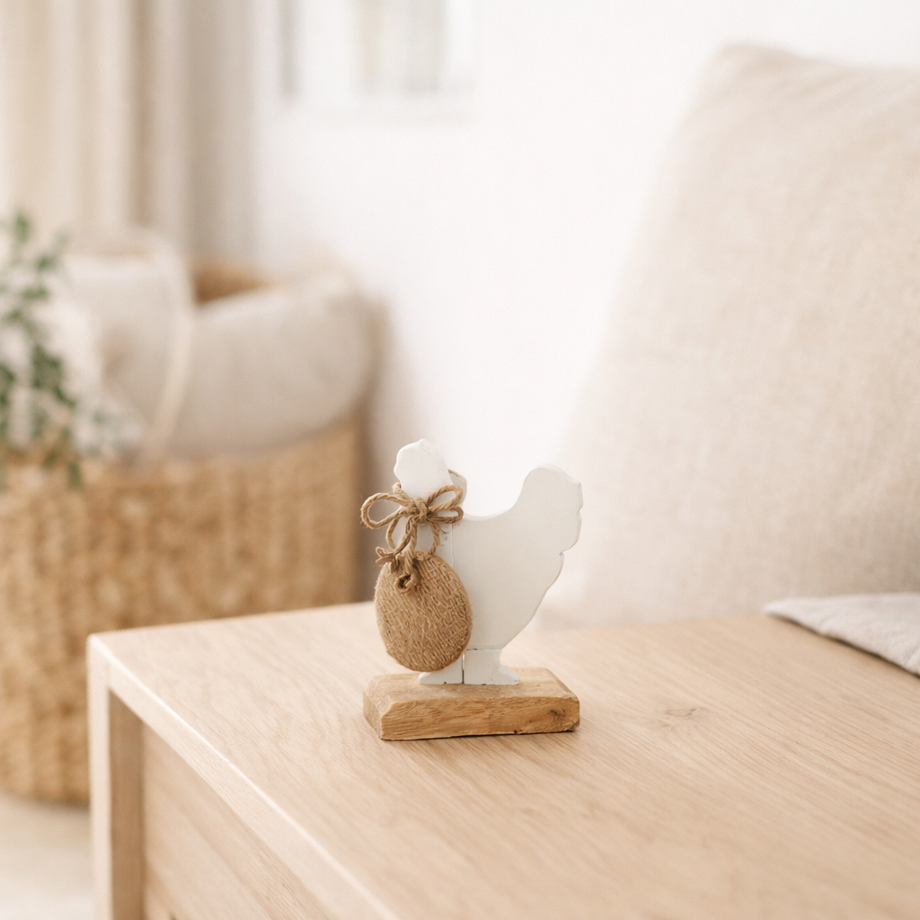Figurine J-Line Coq + Oeuf - aluminium/bois - blanc - petit en situation