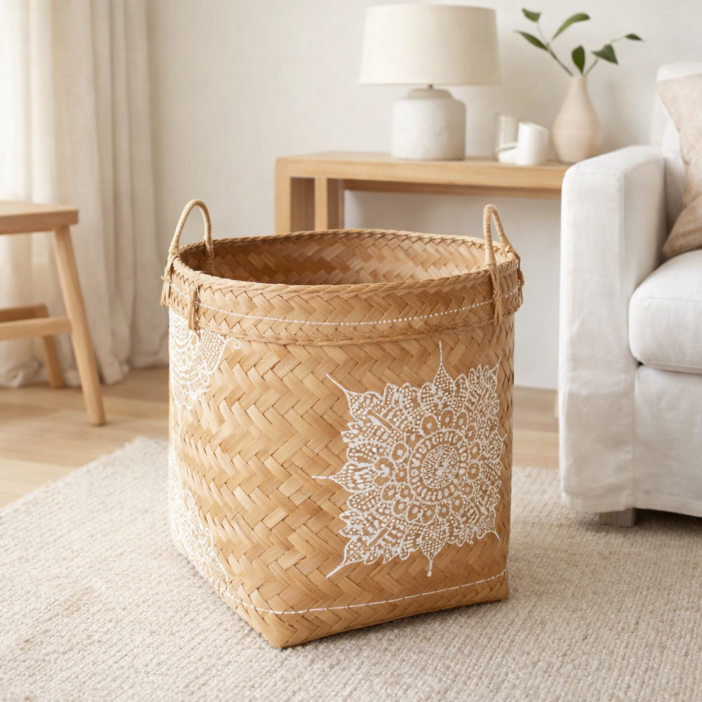 Panier J-Line Drawing - bambou - blanc/naturel en situation
