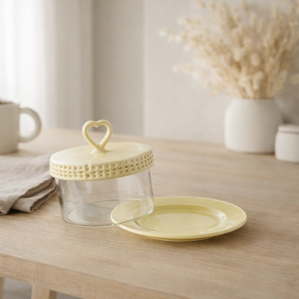 J-Line Plate Cake Under Glass - Plateau de gâteau - Céramique - Jaune - Small en situation