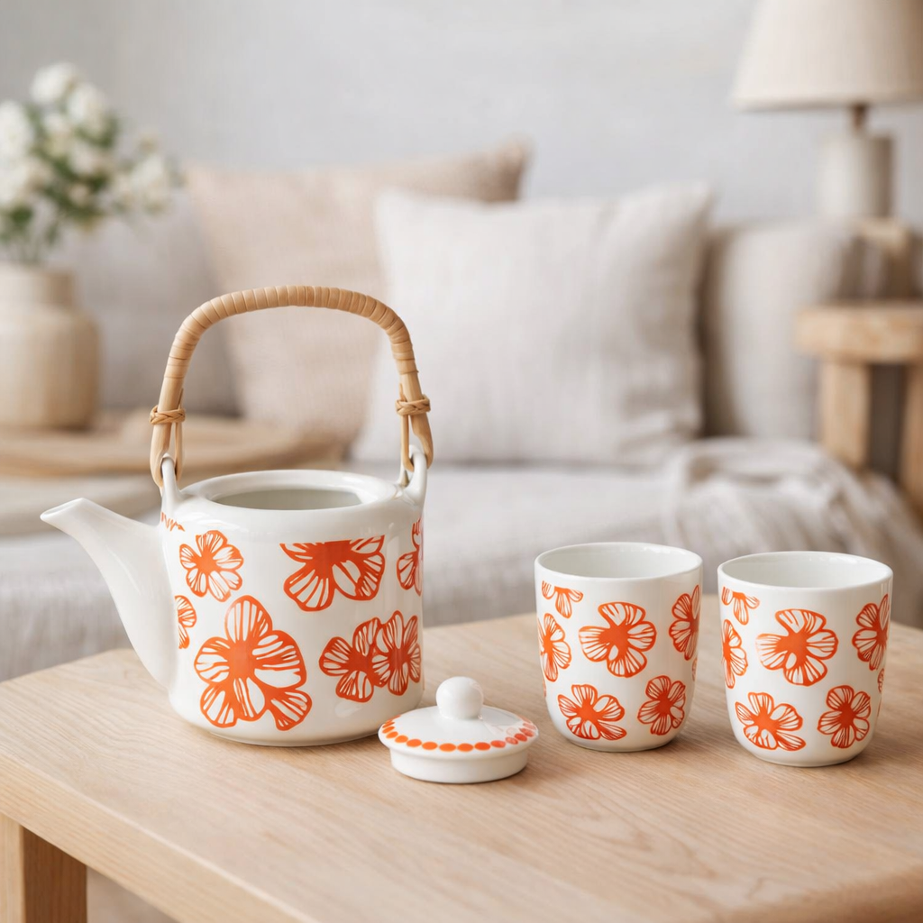 J-Line Coffret 3 Théières Coffret Fleurs Céramique Orange en situation