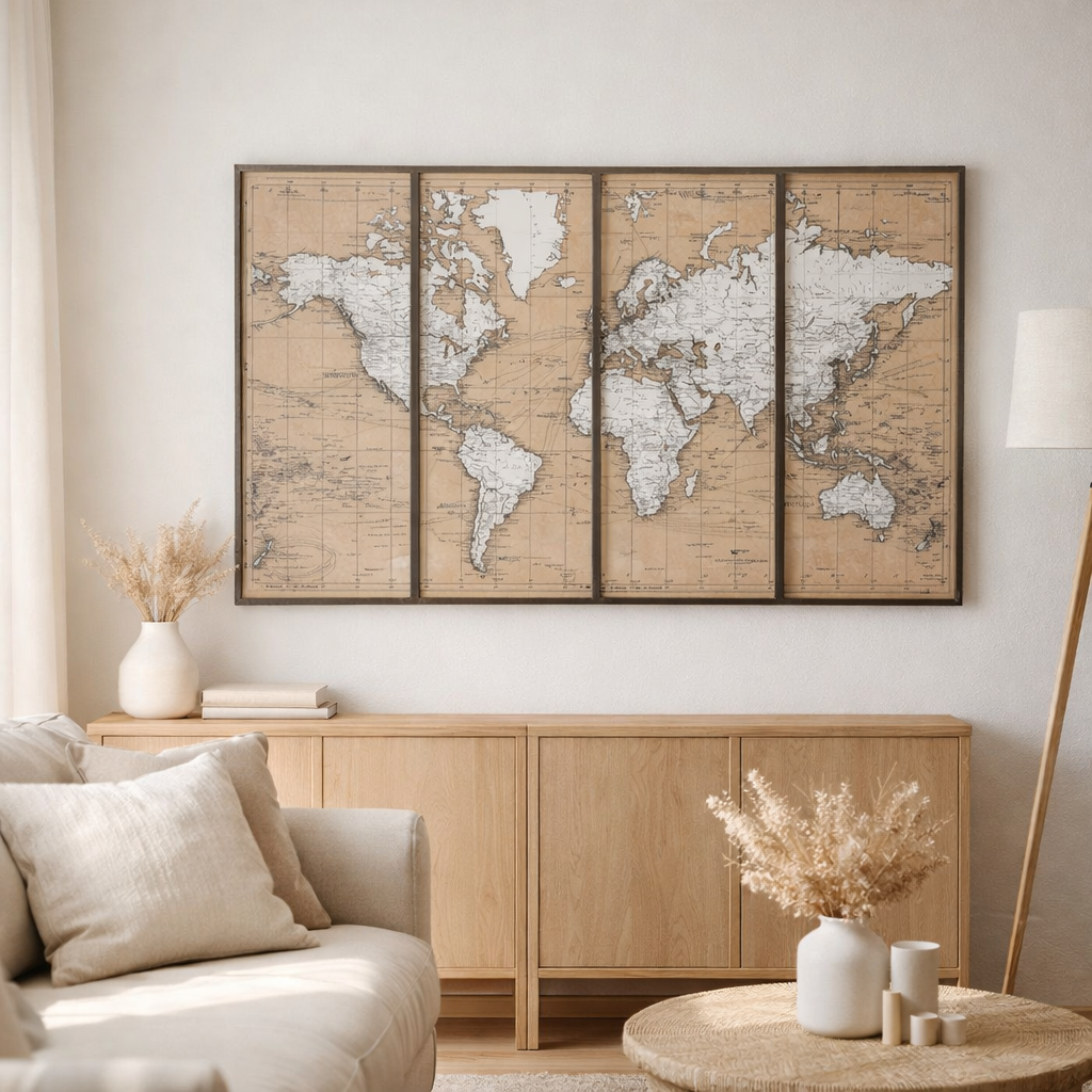 J-Line Carte du Monde Métal/Verre Beige/Marron en situation