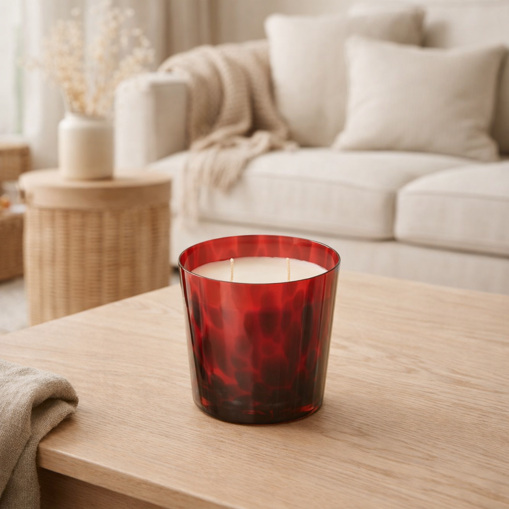 Bougie parfumée J-Line Noa - Bois de Santal - verre - rouge - petite - 50U en situation