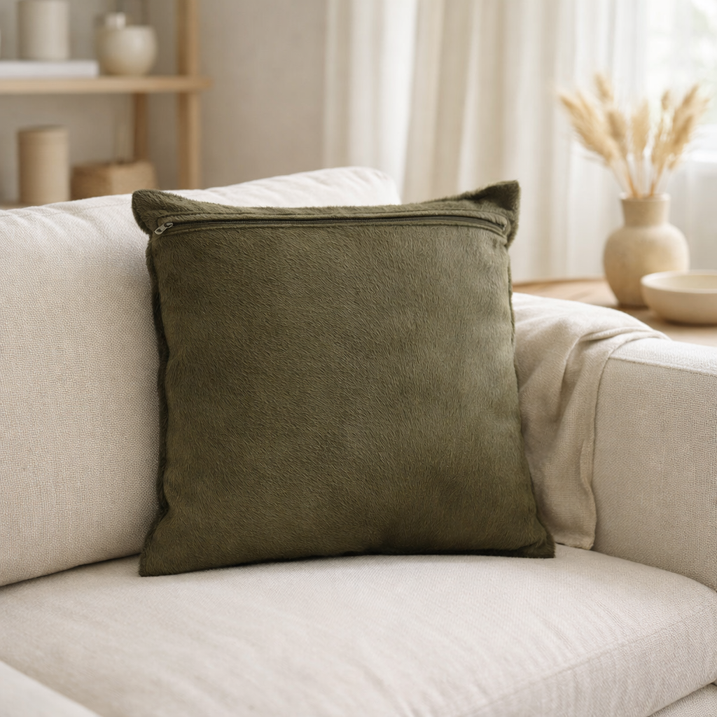 Coussin J-Line Poil de vache - cuir - olive en situation