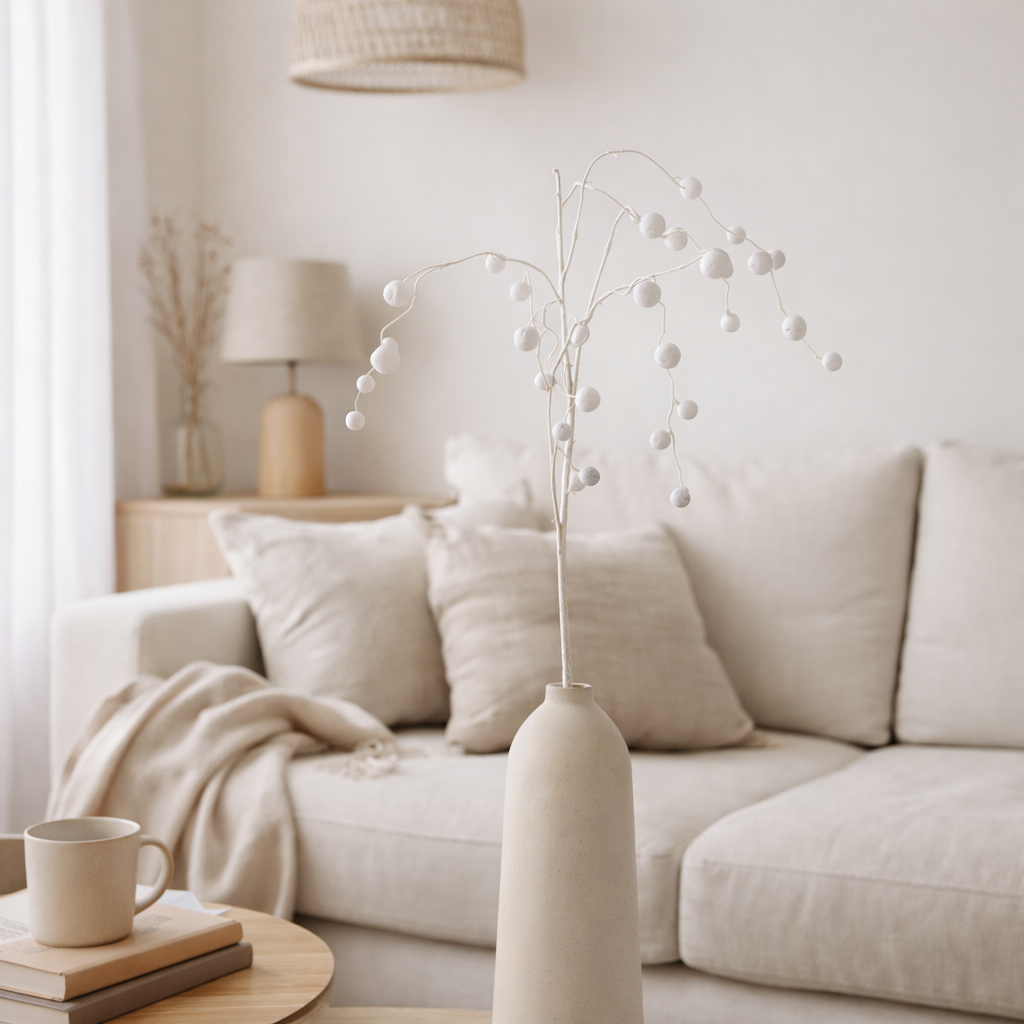 J-Line décoration Branche à Suspendre + Pompons - plastique - blanc en situation