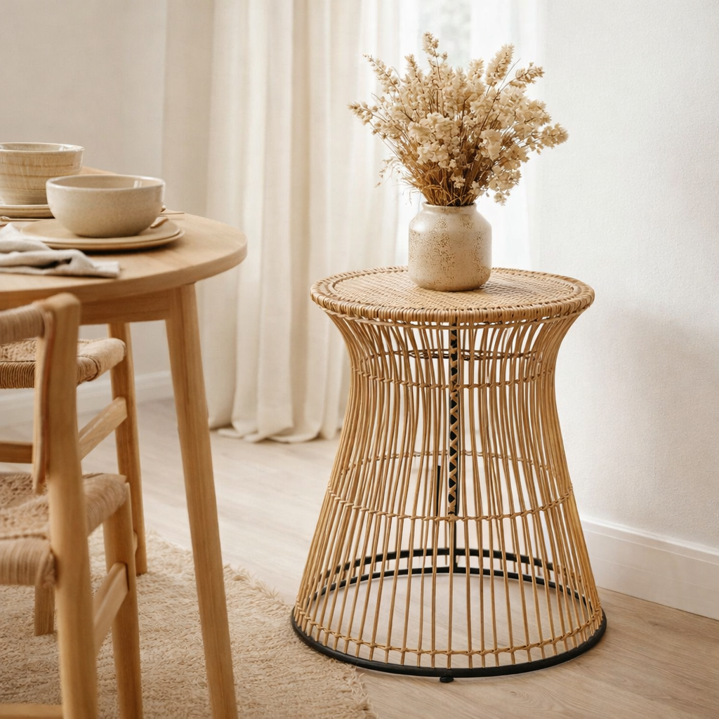 Table d'appoint J-Line Round Grooves - rotin - naturel en situation