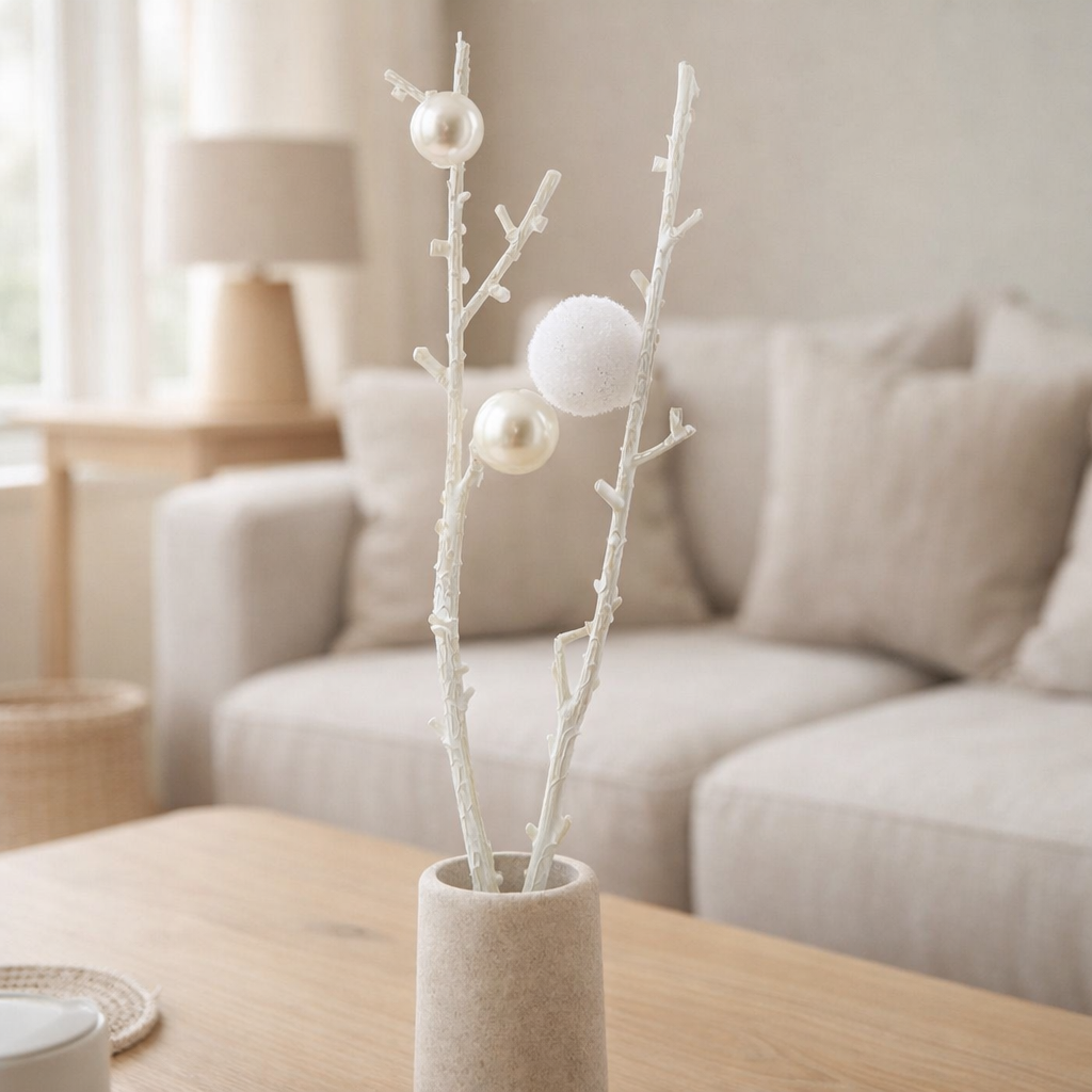 J-Line décoration Branche Pompons + Perles - plastique - blanc en situation