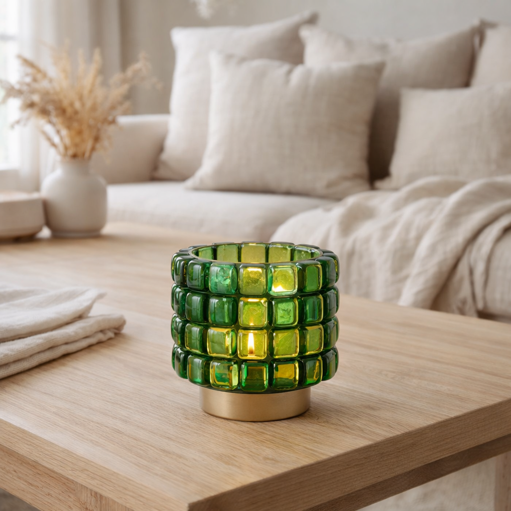 J-Line Photophore Carré Mosaïque Verre Vert Petit en situation