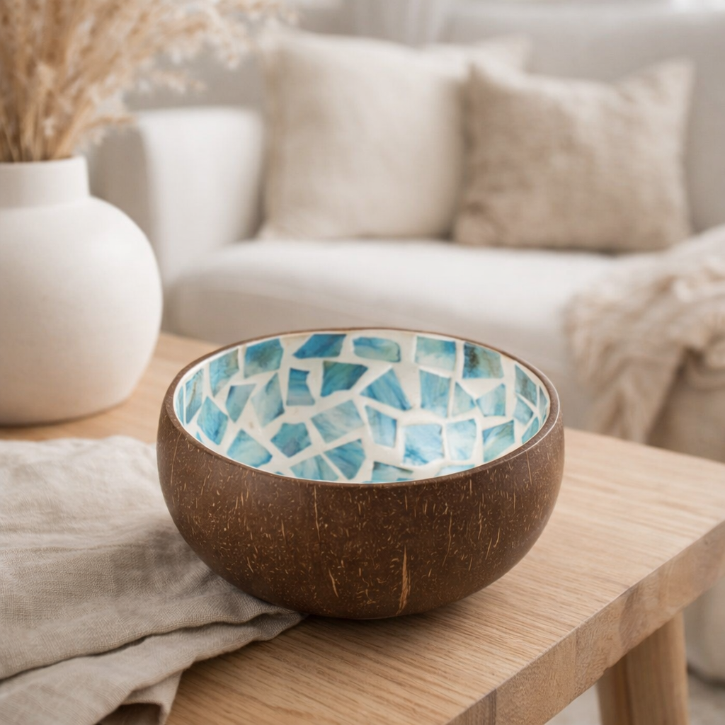 J-Line Bol Coconut Mosaic Noix de Coco + Coquillage Bleu en situation