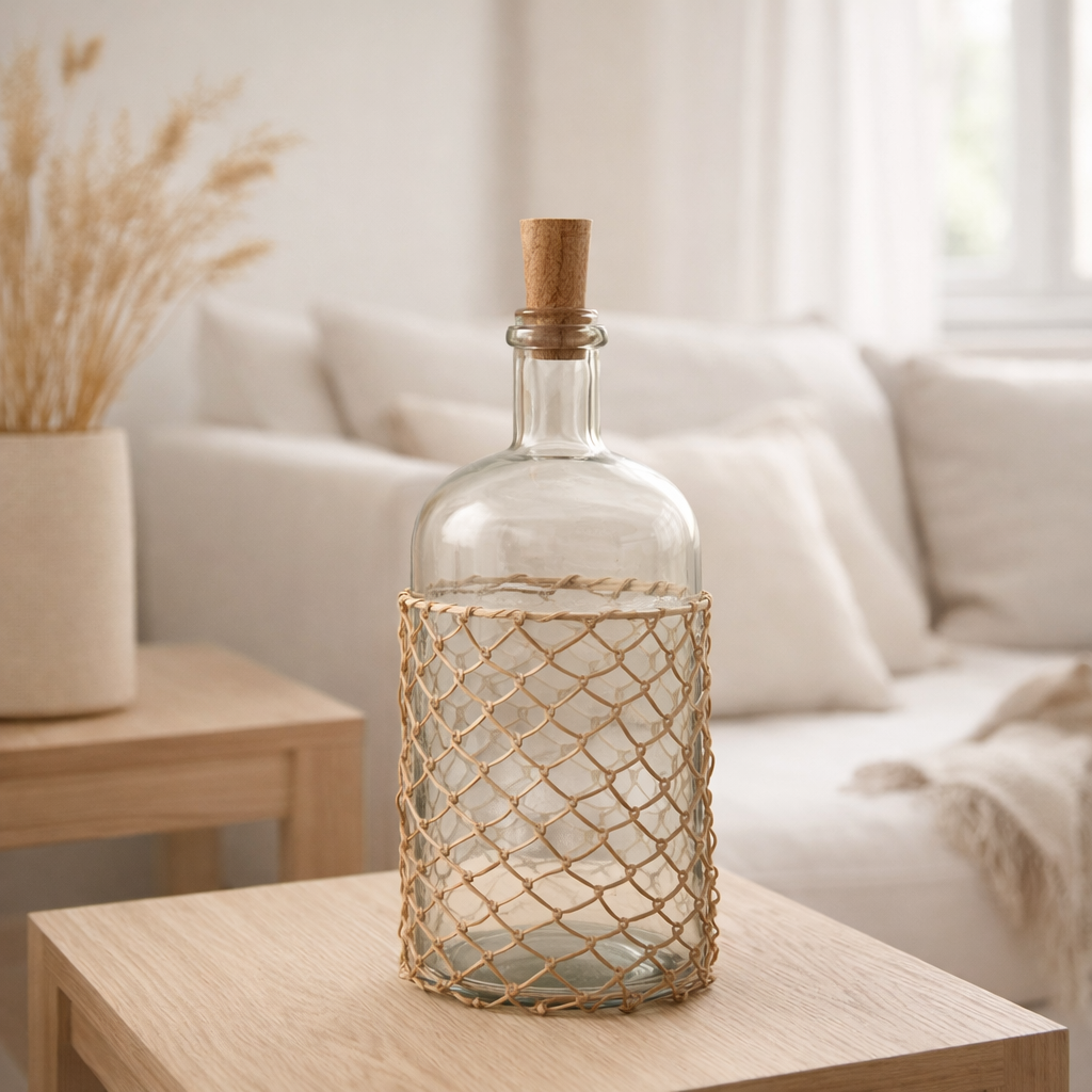 J-Line Bouteille tricotée et liège - verre/bois/roseau - transparent en situation