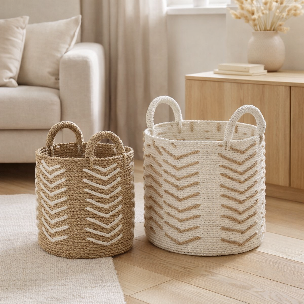 J-Line Set De Deux Paniers Chevron Raphia Blanc/Naturel en situation