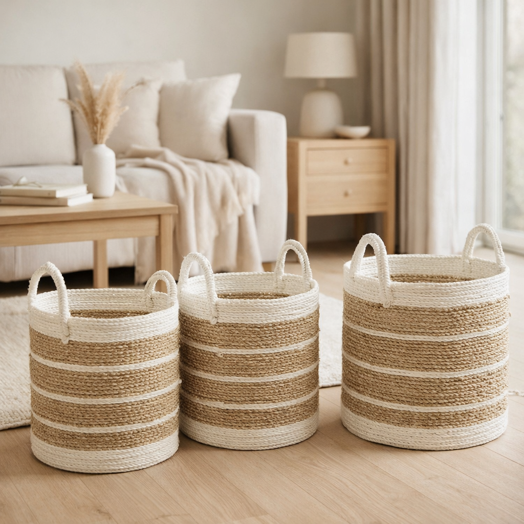 Ensemble en j-line de trois paniers Caro Raffia White / Naturel en situation