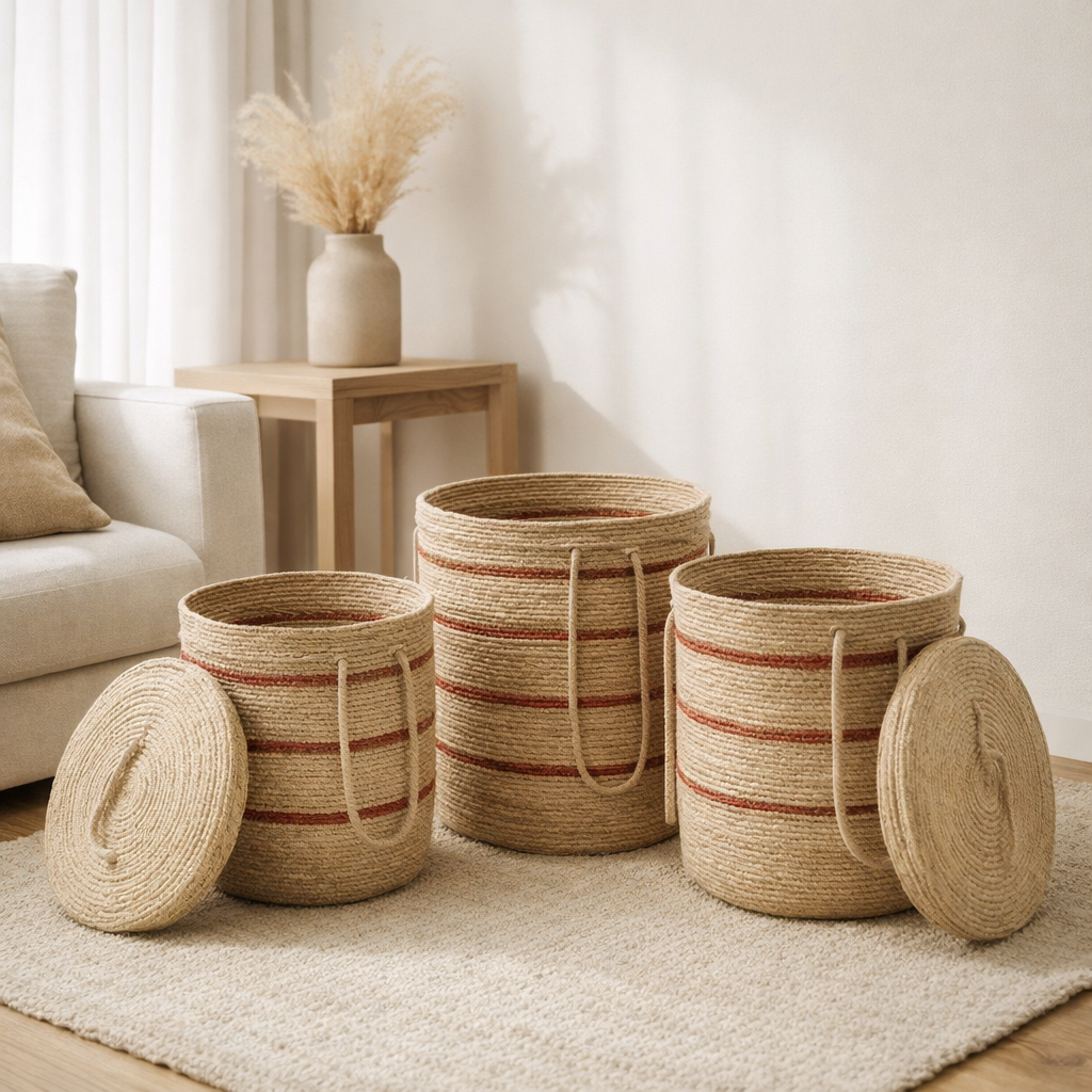 J-Line Lot de 3 Paniers Rayures + Couvercle Maïs Naturel/Rouge en situation