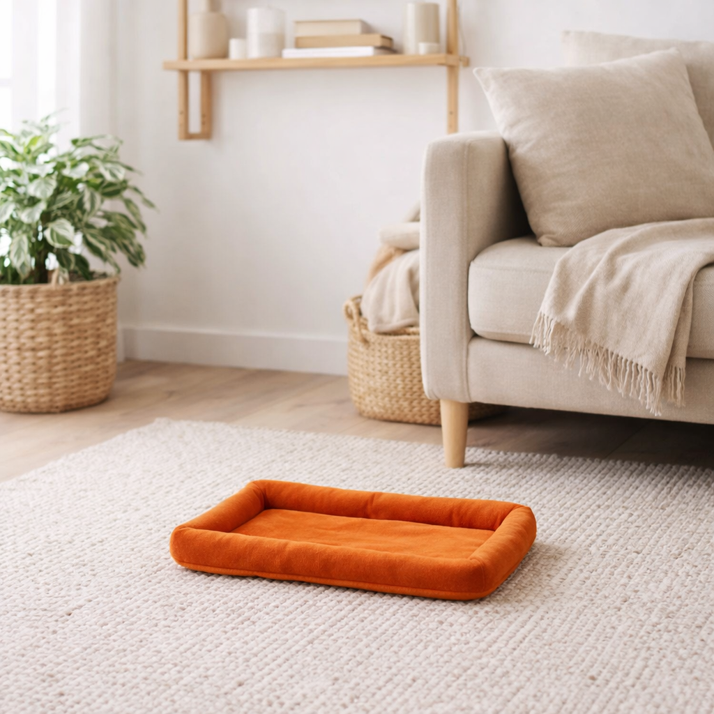 J-line Decoration Dog Mat - Velvet / Cotton - Orange - Small en situation