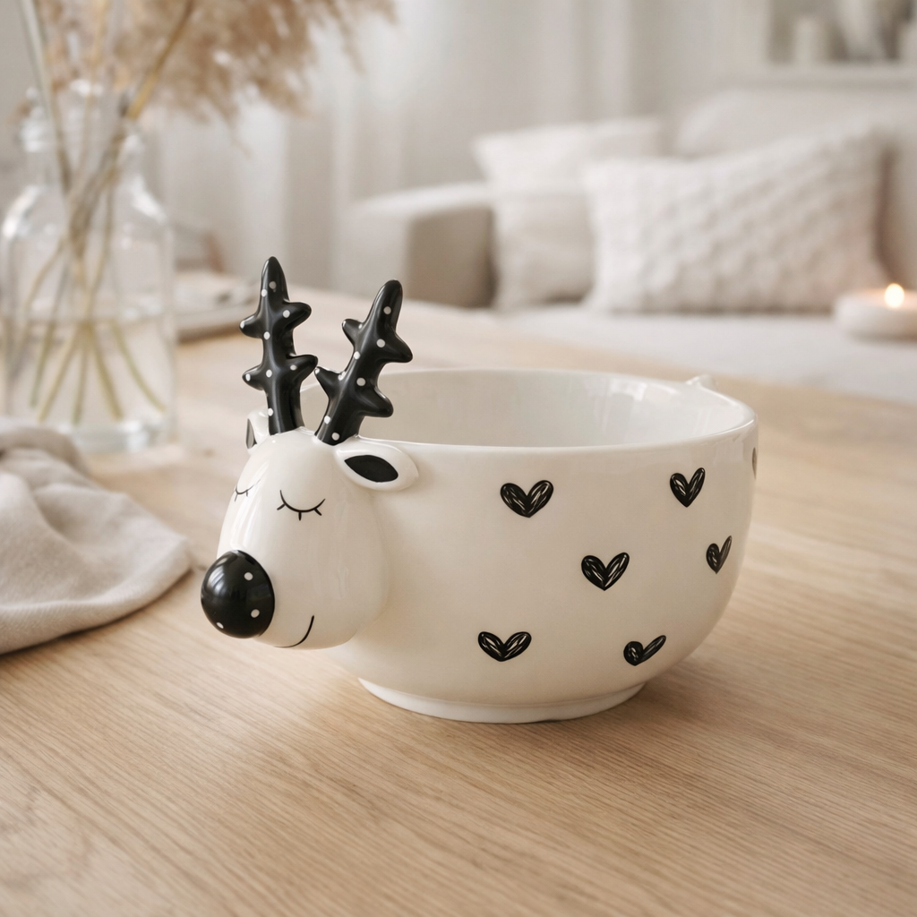 J-Line Deer Heart Dolomite bol - porcelaine - blanc/noir en situation