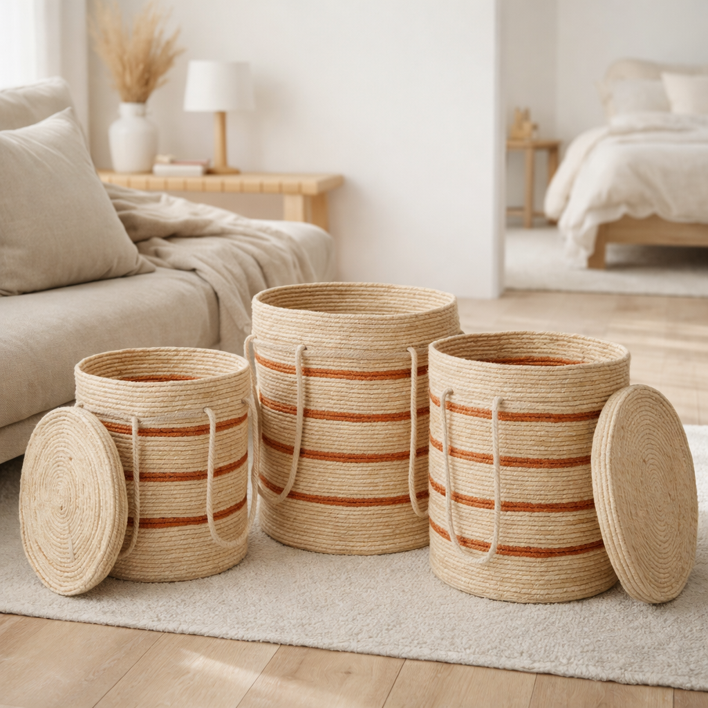 J-Line Lot de 3 Paniers Rayures + Couvercle Maïs Naturel/Orange en situation