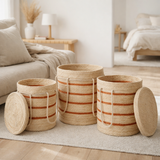 J-Line Lot de 3 Paniers Rayures + Couvercle Maïs Naturel/Orange en situation