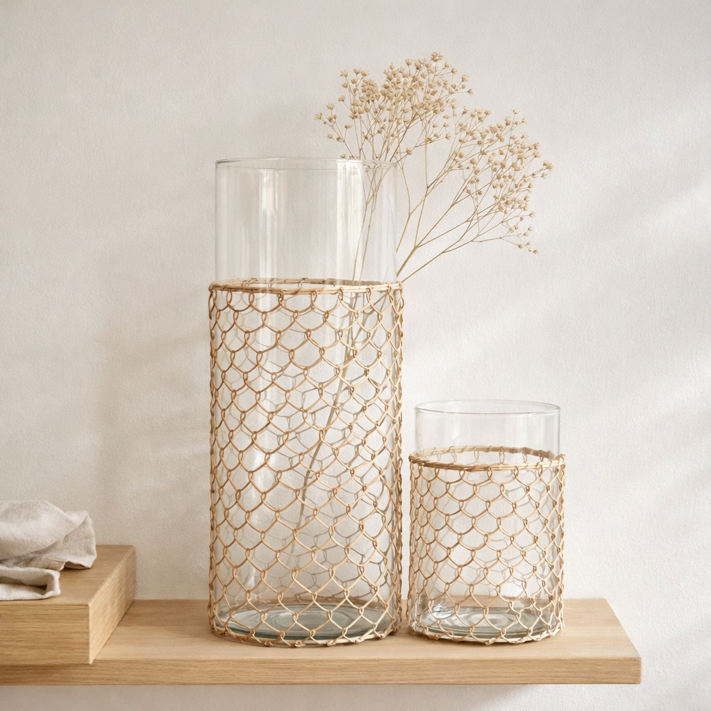 J - Tricot Vase en ligne - Verre / Anche - Transparent - Grand - 42,5 cm de haut en situation